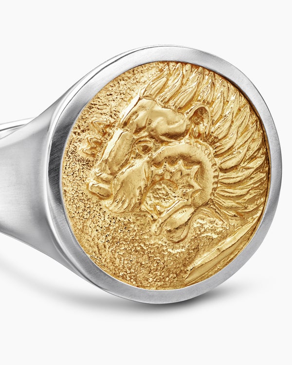 Petrvs® Lion Signet Ring in Sterling Silver with 18K Yellow Gold, 19mm