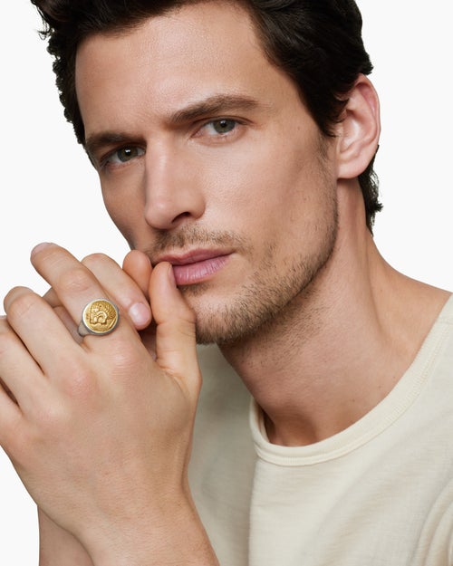 Mens Petrvs® Lion Signet Ring in Sterling Silver with 18ct Yellow Gold, 19mm