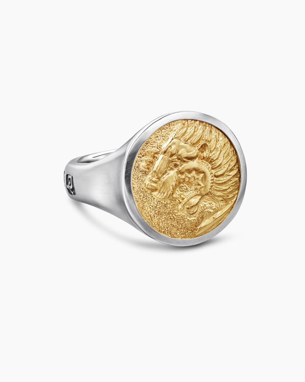 Petrvs® Lion Signet Ring in Sterling Silver with 18K Yellow Gold, 19mm