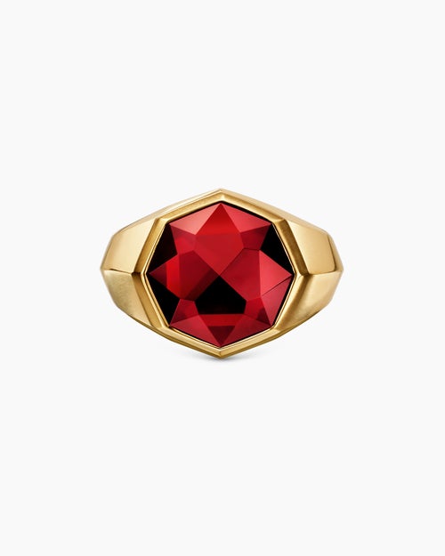 Mens Faceted Signet Ring in 18K Yellow Gold with Garnet, 17.3mm