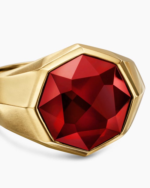 Mens Faceted Signet Ring in 18K Yellow Gold with Garnet, 17.3mm