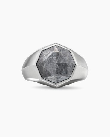 Faceted Signet Ring in Sterling Silver with Meteorite, 17.3mm