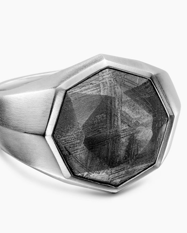 Faceted Signet Ring in Sterling Silver with Meteorite, 17.3mm