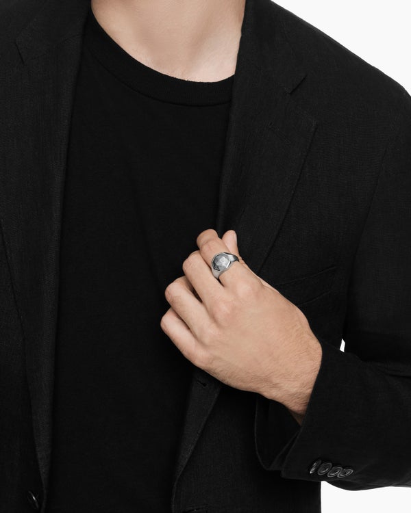 Faceted Signet Ring in Sterling Silver with Meteorite, 17.3mm