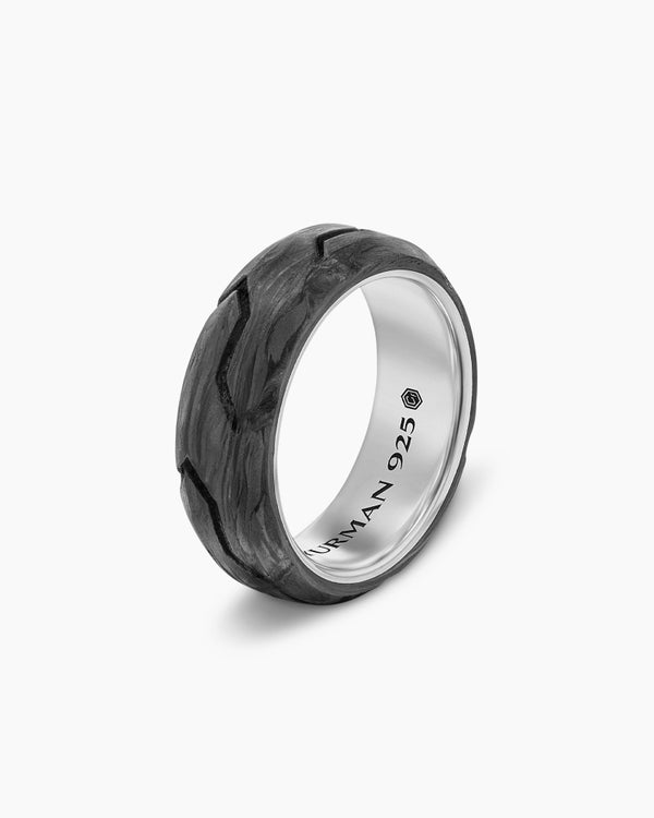 Forged Carbon Beveled Band Ring in Sterling Silver, 8mm