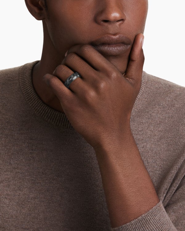 Forged Carbon Beveled Band Ring in Sterling Silver, 8mm