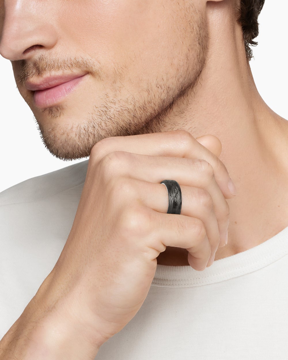 Mens Streamline® Beveled Band Ring in Sterling Silver with Forged Carbon, 8.5mm