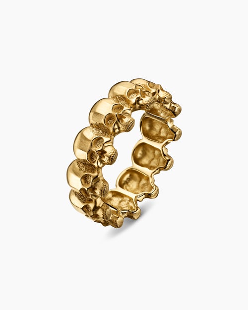 Mens Memento Mori Skull Band Ring in 18K Yellow Gold, 8.5mm