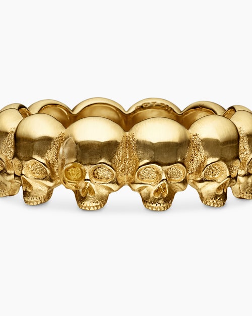 Mens Memento Mori Skull Band Ring in 18K Yellow Gold, 8.5mm