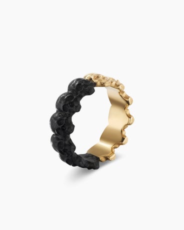 Memento Mori Skull Band Ring in 18K Yellow Gold with Forged Carbon, 8.5mm