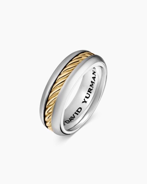 Mens Cable Inset Band Ring in Sterling Silver with 18K Yellow Gold, 8mm