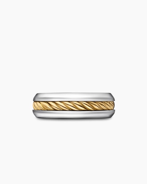 Mens Cable Inset Band Ring in Sterling Silver with 18ct Yellow Gold, 8mm
