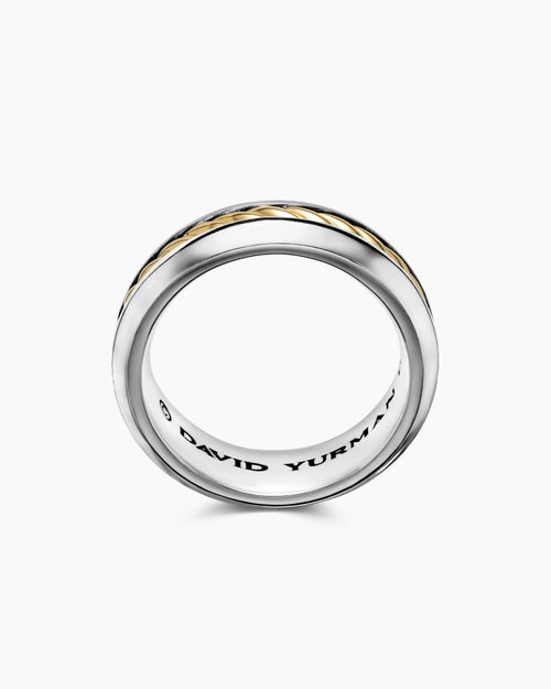 Mens Cable Inset Band Ring in Sterling Silver with 18K Yellow Gold, 8mm