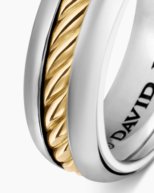 Mens Cable Inset Band Ring in Sterling Silver with 18K Yellow Gold, 8mm