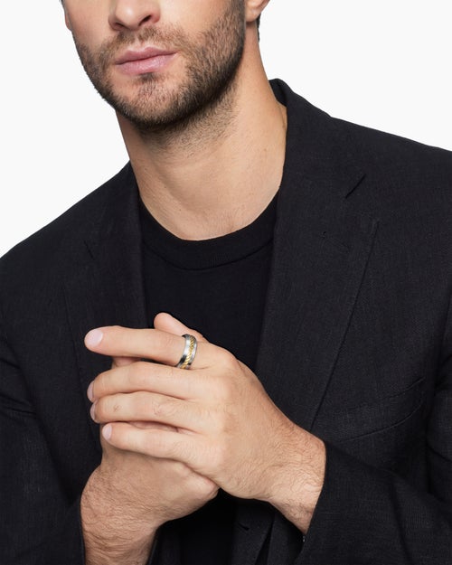 Mens Cable Inset Band Ring in Sterling Silver with 18K Yellow Gold, 8mm