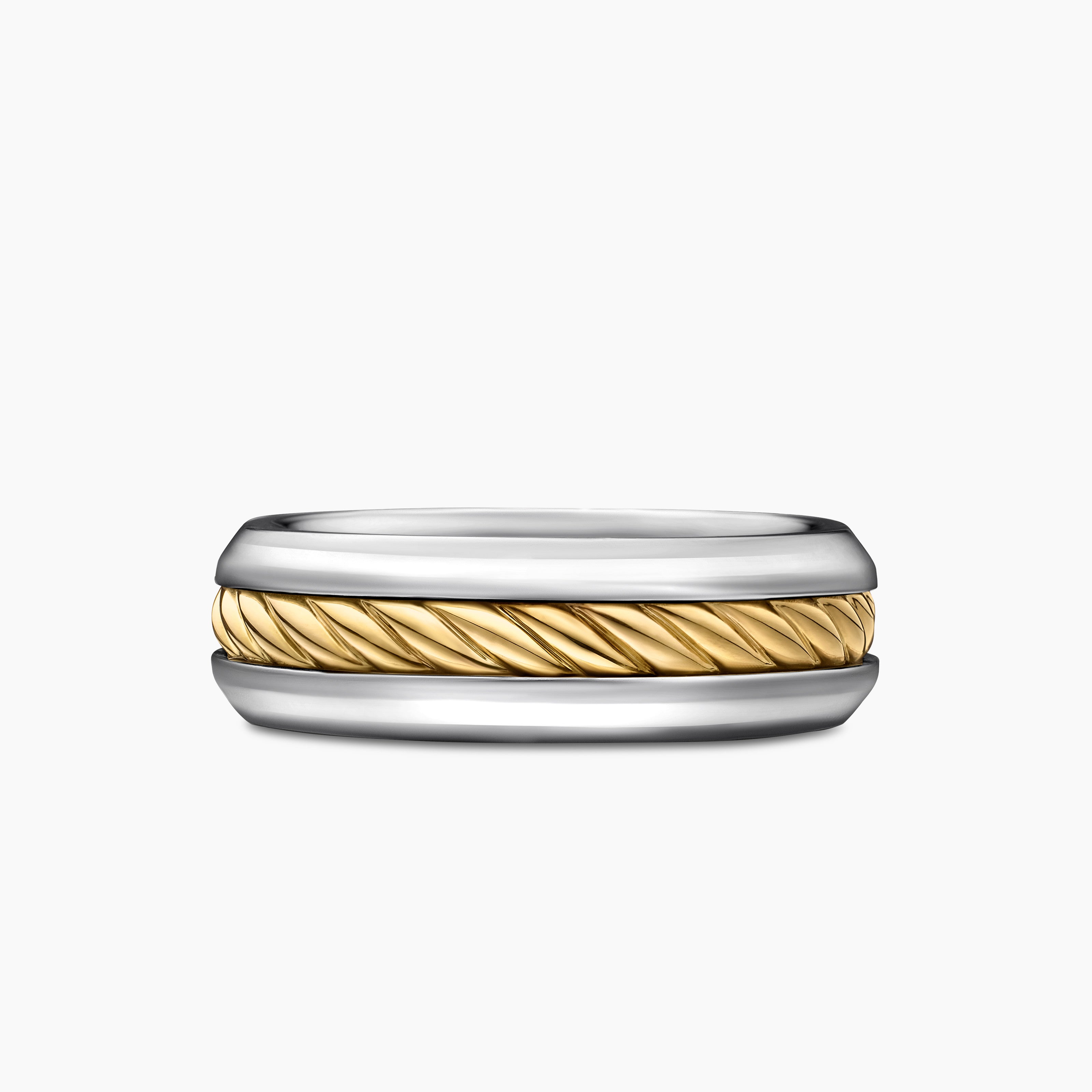 Mens Cable Inset Band Ring in Sterling Silver with 18K Yellow Gold, 8mm