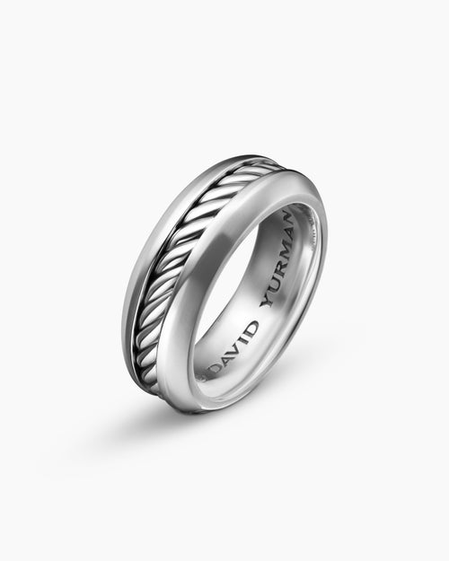 Mens Cable Inset Band Ring in Sterling Silver, 8mm