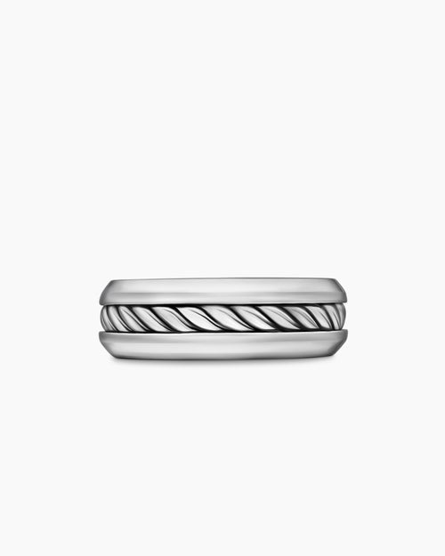 Mens Cable Inset Band Ring in Sterling Silver, 8mm
