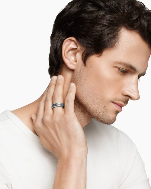 Mens Cable Inset Band Ring in Sterling Silver, 8mm