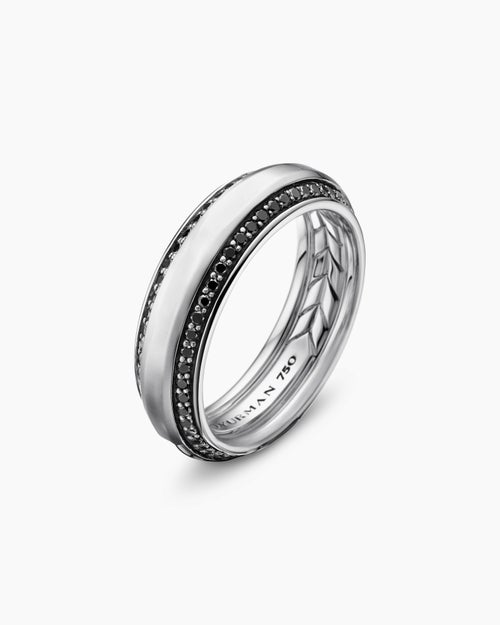 Mens Beveled Band Ring in 18K White Gold with Black Diamonds, 6mm