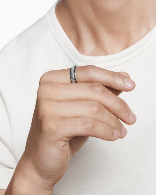 Mens Beveled Band Ring in 18K White Gold with Black Diamonds, 6mm