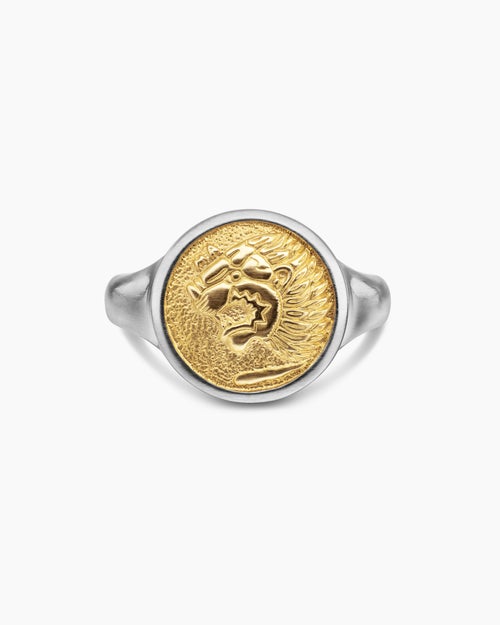 Mens Petrvs Lion Pinky Ring in Sterling Silver with 18K Yellow Gold, 15mm
