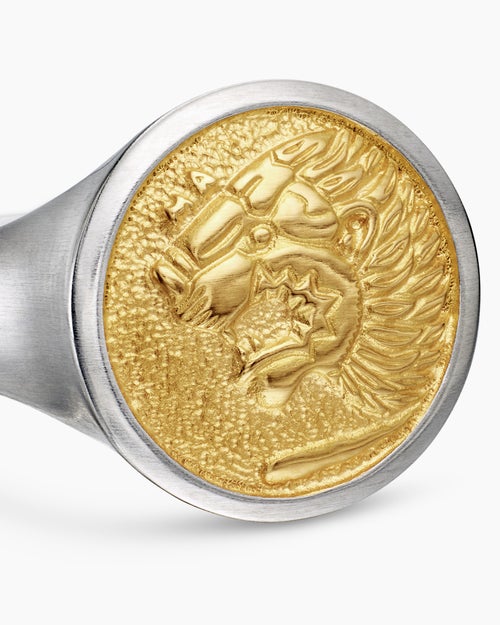 Mens Petrvs® Lion Pinky Ring in Sterling Silver with 18K Yellow Gold, 15mm