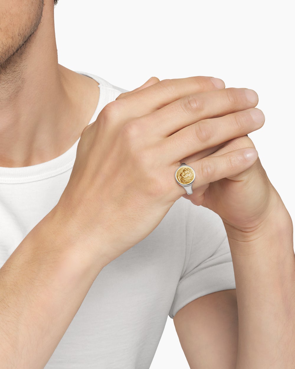 Bague pour auriculaire Lion Petrvs en argent sterling avec or jaune 18 carats, 15 mm hommes