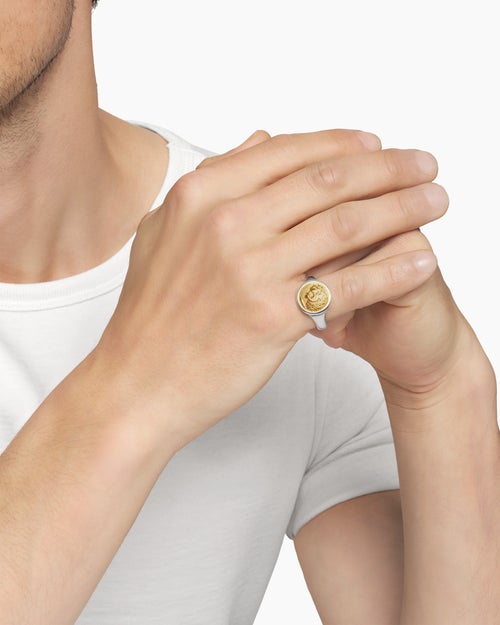 Mens Petrvs Lion Pinky Ring in Sterling Silver with 18K Yellow Gold, 15mm