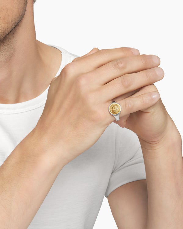 Petrvs® Lion Pinky Ring in Sterling Silver with 18K Yellow Gold, 15mm
