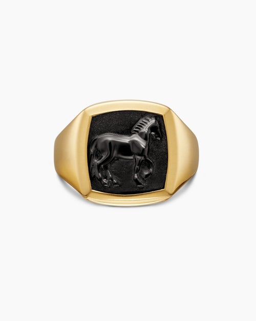 Mens Petrvs® Horse Pinky Ring in 18K Yellow Gold with Black Onyx, 14.8mm
