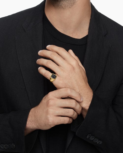 Mens Petrvs® Horse Pinky Ring in 18K Yellow Gold with Black Onyx, 14.8mm