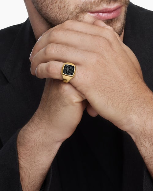 Mens Petrvs® Horse Pinky Ring in 18K Yellow Gold with Black Onyx, 14.8mm