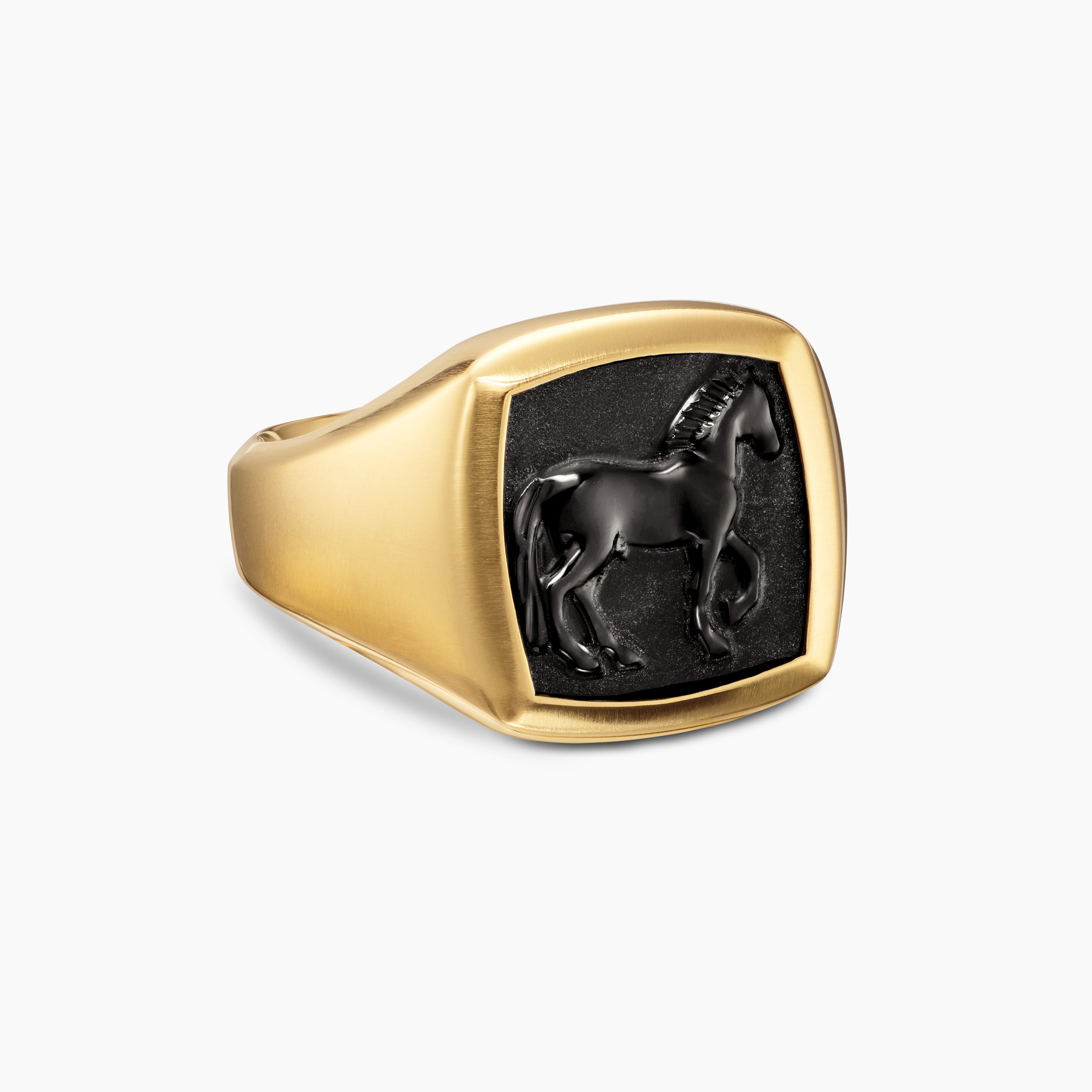Mens Petrvs&reg; Horse Pinky Ring in 18K Yellow Gold with Black Onyx, 14.8mm