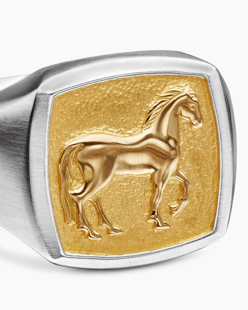 Mens Petrvs® Horse Pinky Ring in Sterling Silver with 18K Yellow Gold, 14.8mm