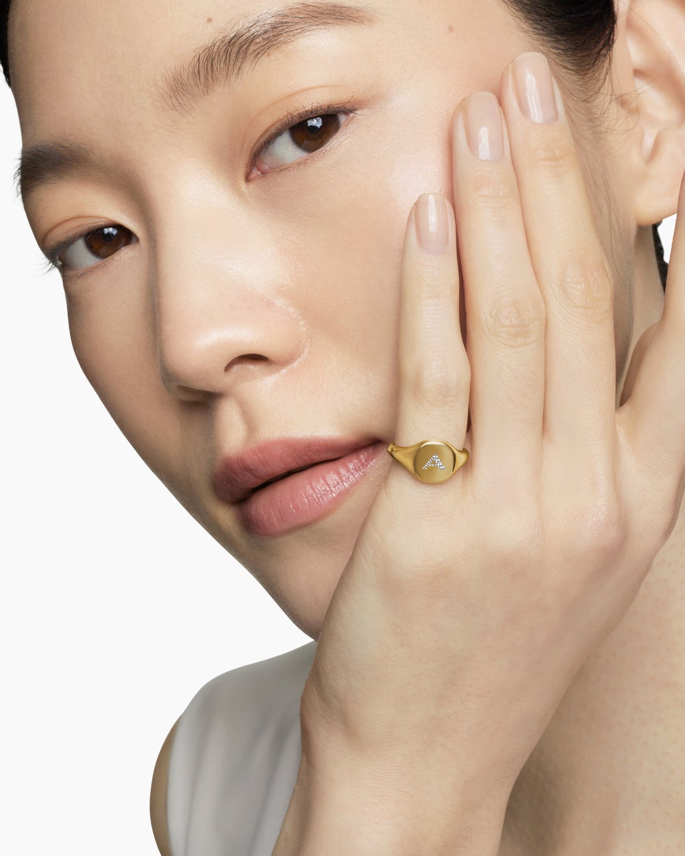 Womens DY Initial Pinky Ring in 18K Yellow Gold with Diamonds, 9.8mm