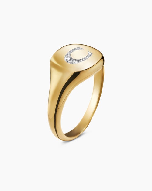 Womens DY Initial Pinky Ring in 18K Yellow Gold with Diamond C, 9.8mm