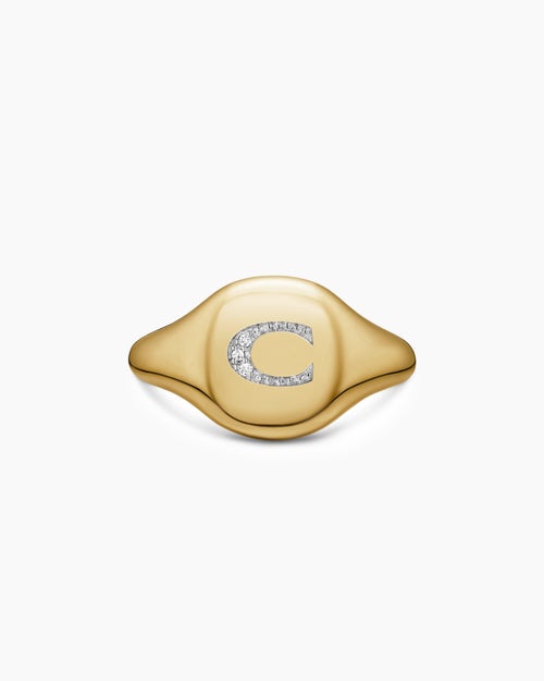 Womens DY Initial Pinky Ring in 18K Yellow Gold with Diamond C, 9.8mm