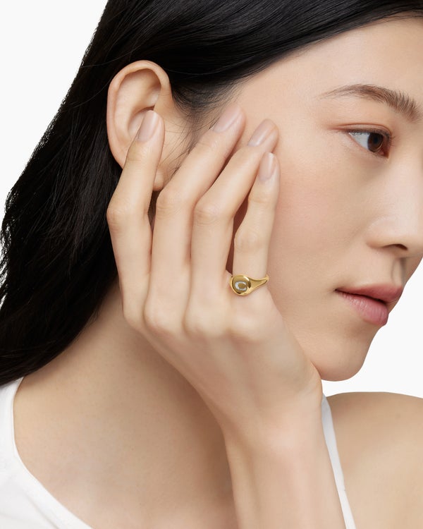 DY Initial Pinky Ring in 18K Yellow Gold with Diamonds, 9.8mm