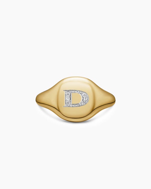 Womens DY Initial Pinky Ring in 18K Yellow Gold with Diamond D, 9.8mm