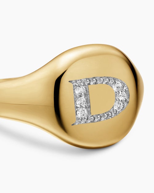 Womens DY Initial Pinky Ring in 18K Yellow Gold with Diamond D, 9.8mm