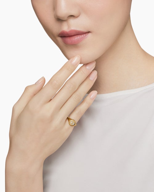 Womens DY Initial Pinky Ring in 18K Yellow Gold with Diamond D, 9.8mm