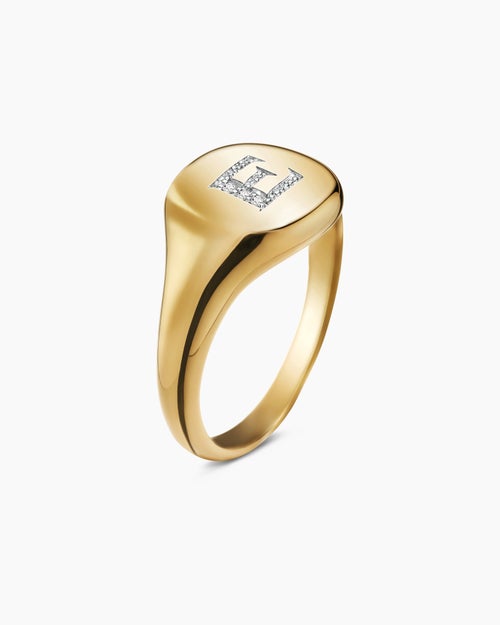 Womens DY Initial Pinky Ring in 18K Yellow Gold with Diamond E, 9.8mm
