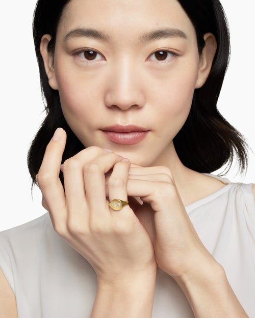 Womens DY Initial Pinky Ring in 18K Yellow Gold with Diamond M, 9.8mm