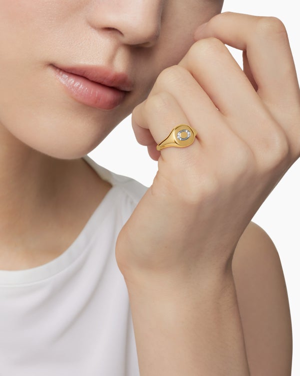 DY Initial Pinky Ring in 18K Yellow Gold with Diamonds, 9.8mm