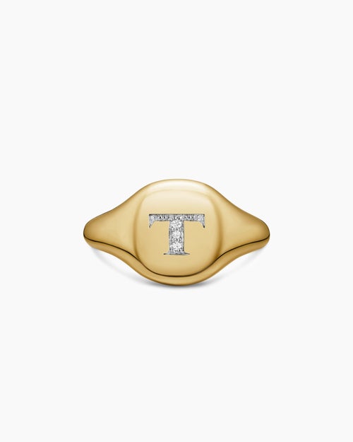 Womens DY Initial Pinky Ring in 18K Yellow Gold with Diamonds, 9.8mm
