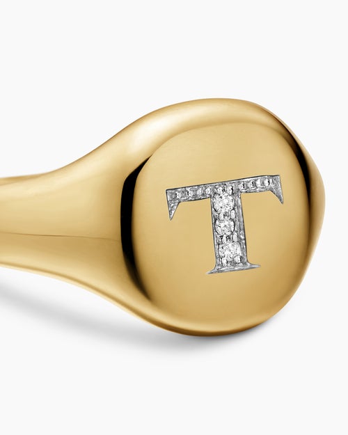 Womens DY Initial Pinky Ring in 18K Yellow Gold with Diamond T, 9.8mm