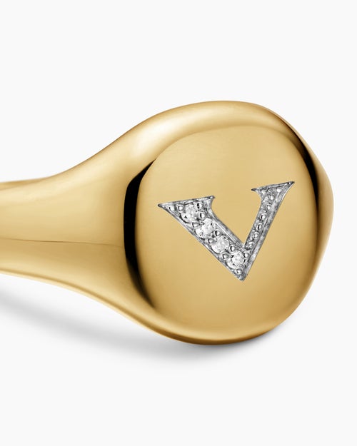 Womens DY Initial Pinky Ring in 18K Yellow Gold with Diamond V, 9.8mm