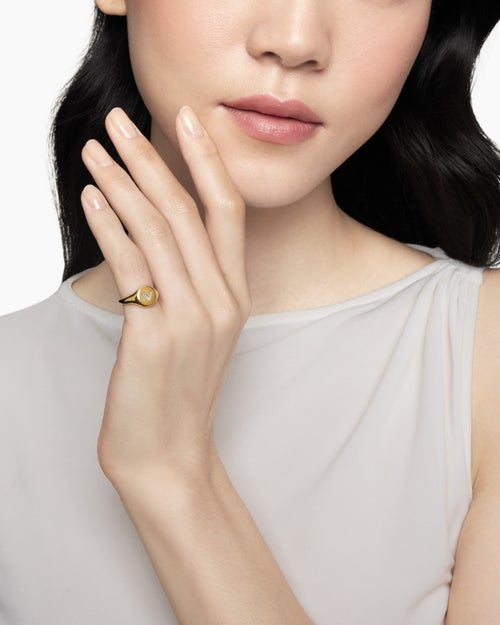 Womens DY Initial Pinky Ring in 18K Yellow Gold with Diamond V, 9.8mm