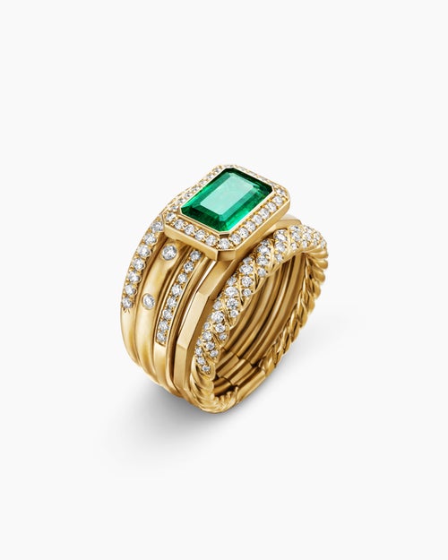 Womens Stax Five Row Ring in 18K Yellow Gold with Emerald and Diamonds, 13.8mm